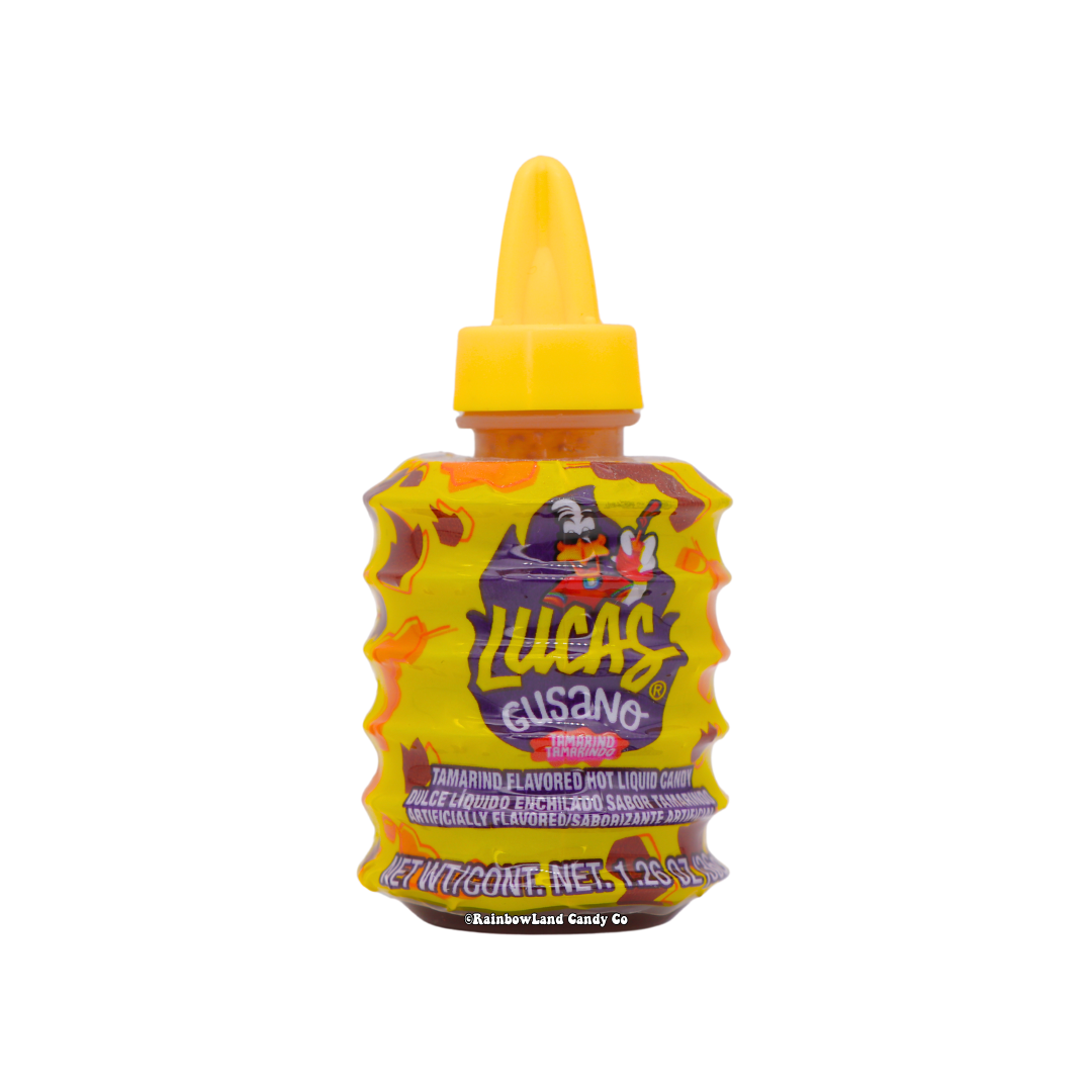 Lucas Gusano Tamarind liquid candy squeeze bottle with tangy tamarind and spicy chili flavor.