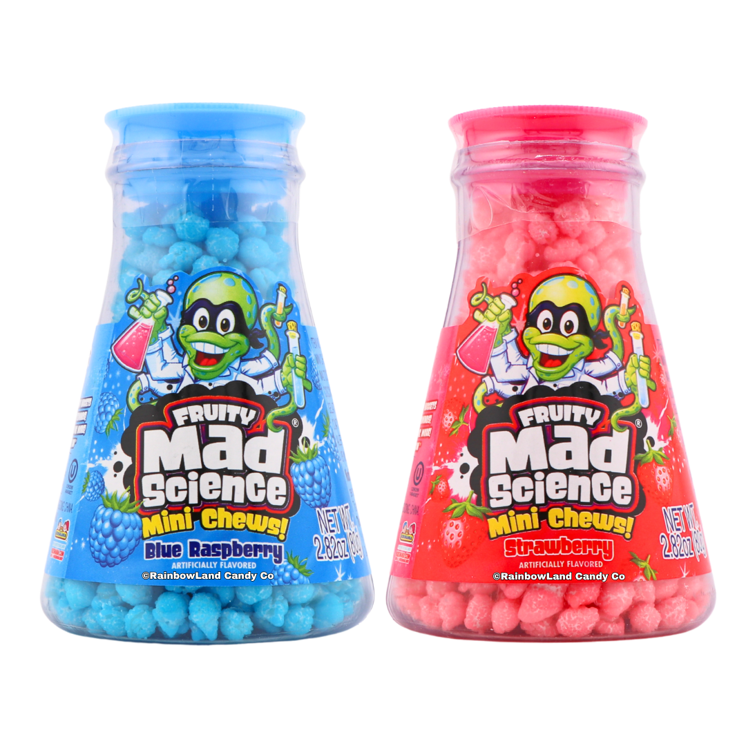 Two beaker-shaped containers of Mad Science Mini Chews candy, one Blue Raspberry and one Strawberry, displayed side by side.