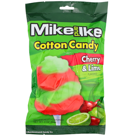 Mike and Ike Cotton Candy Cherry & Lime, green bag featuring a red and green swirled cotton candy pop with cherries and a sliced lime.