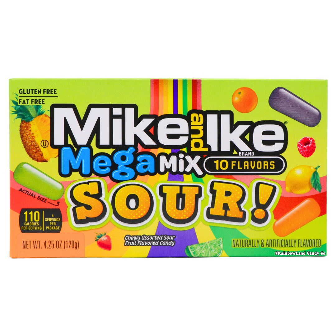 Mike and Ike Mega Mix Sour Theater Box with 10 fruity sour candy flavors.