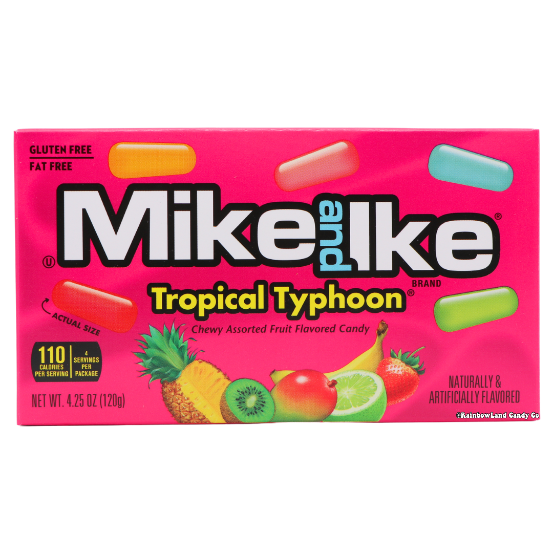 Mike and Ike Tropical Typhoon theater box with tropical fruit imagery and flavor details.