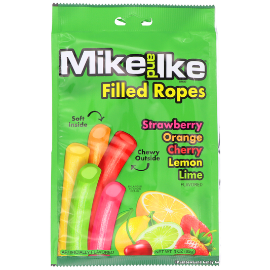 Mike and Ike Filled Ropes candy package featuring strawberry, orange, cherry, lemon, and lime flavors.