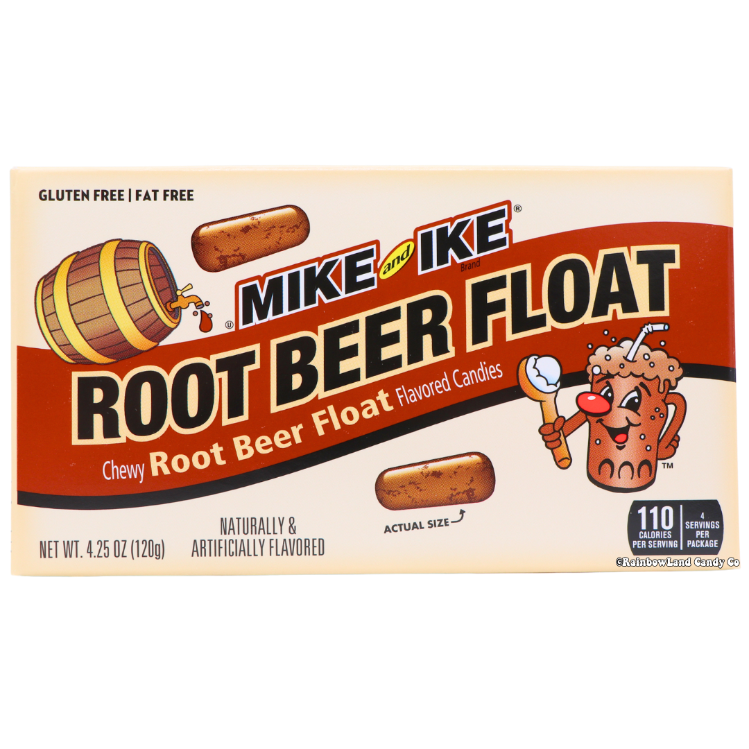 Mike and Ike Root Beer Float Theater Box, 4.25 oz chewy candies with root beer float flavor.