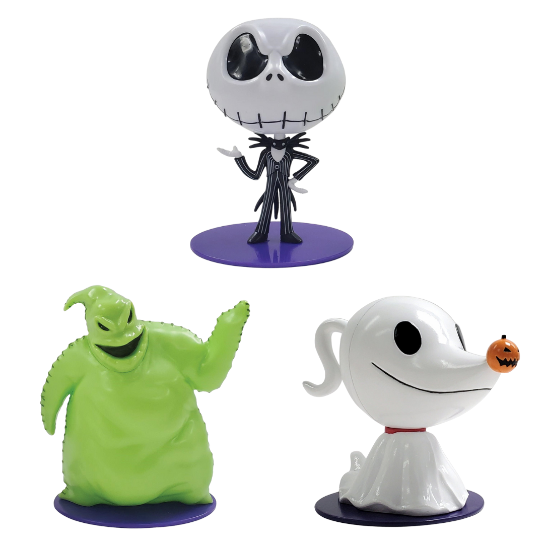 Nightmare Before Christmas Candy Character Case lineup, showing Jack Skellington, Oogie Boogie, and Zero collectible figures side by side on purple display bases.