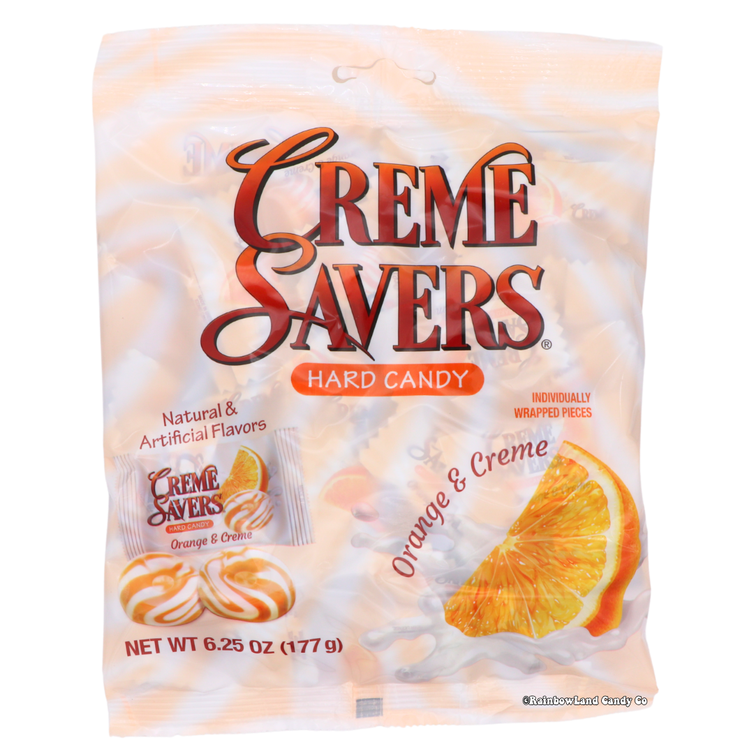 Creme Savers Orange & Creme hard candy in 6.25 oz bag with iconic swirl design.