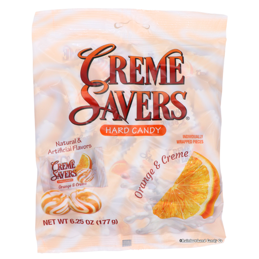 Creme Savers Orange & Creme hard candy in 6.25 oz bag with iconic swirl design.