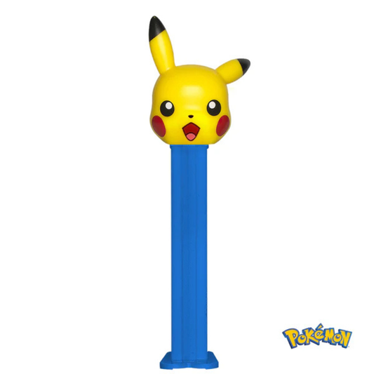 Pikachu Pokémon PEZ candy dispenser with blue base and bright yellow Pikachu character head.