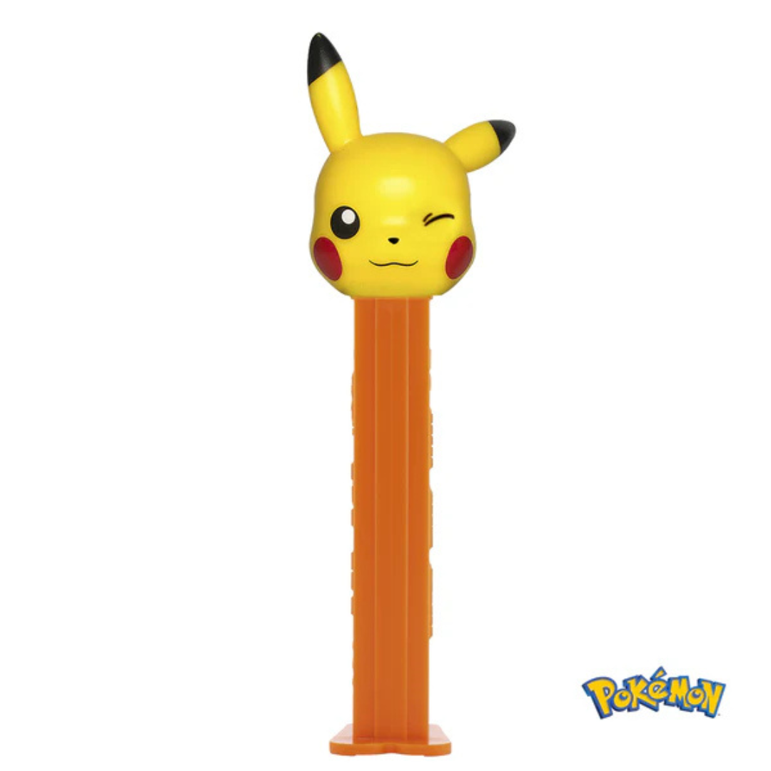Winking Pikachu Pokémon PEZ candy dispenser with orange base and yellow Pikachu head.