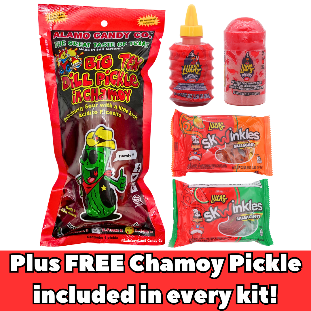 Chamoy Pickle Kit with Alamo Chamoy Pickle, Lucas Chamoy Powder, Lucas Gusano Chamoy, Lucas Salsagheti Mango, and Lucas Salsagheti Watermelon.