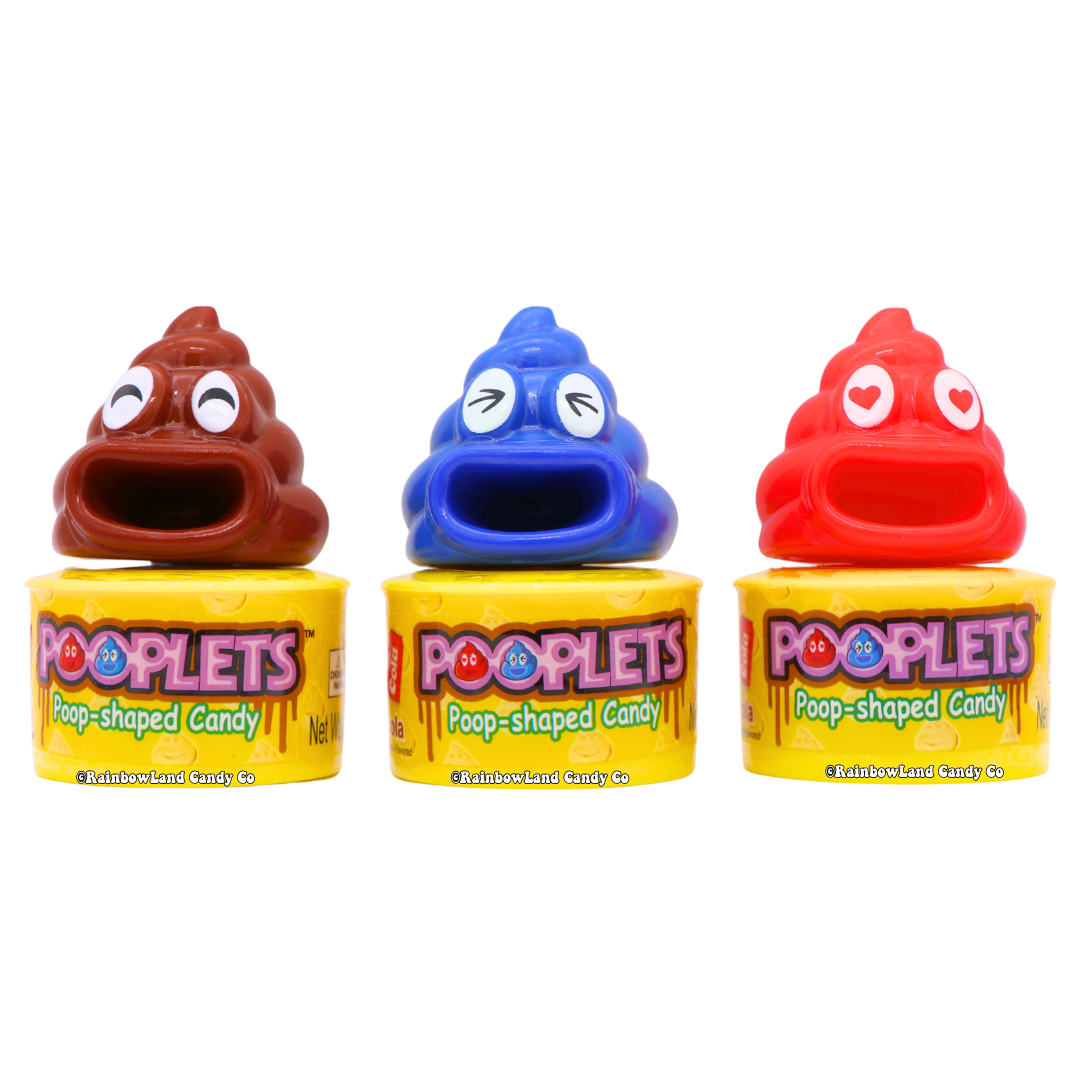 Pooplets candy in colorful poop-shaped containers.