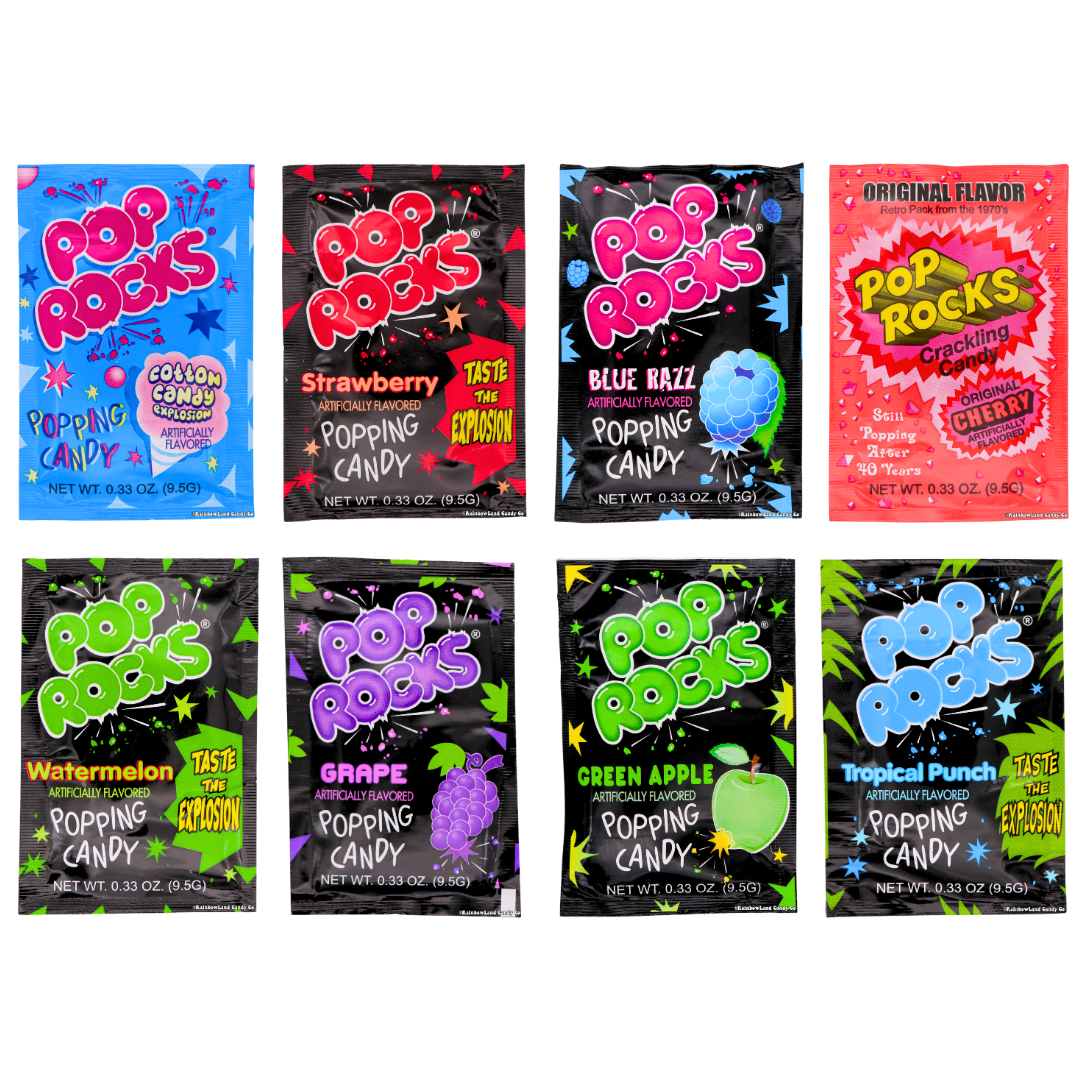 Variety of Pop Rocks popping candy packs in different flavors including strawberry, watermelon, and blue razz.