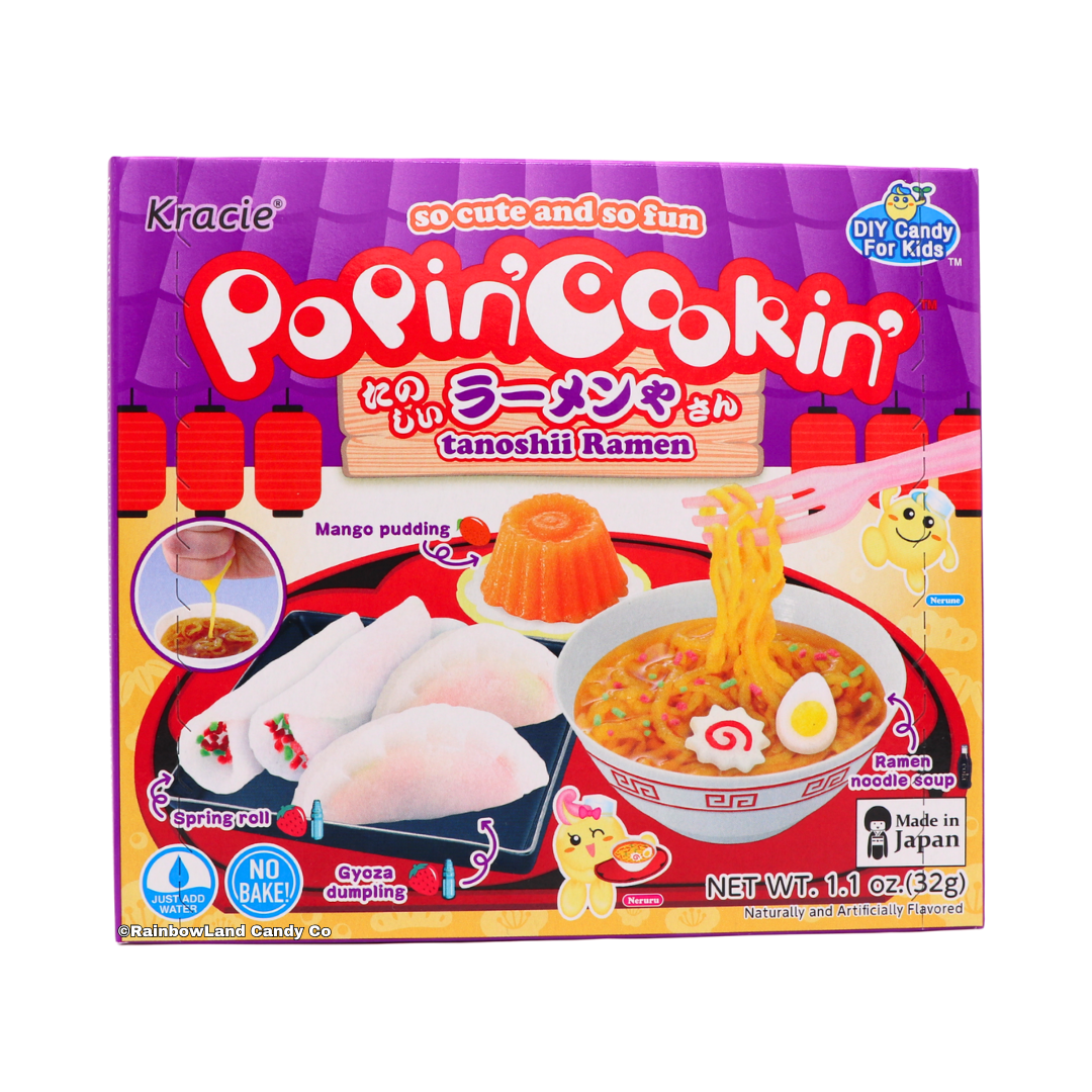 Purple Kracie Popin' Cookin' Ramen DIY candy kit box featuring a miniature ramen noodle soup bowl with egg and fish cake, gyoza dumplings, a spring roll, and an orange mango pudding.