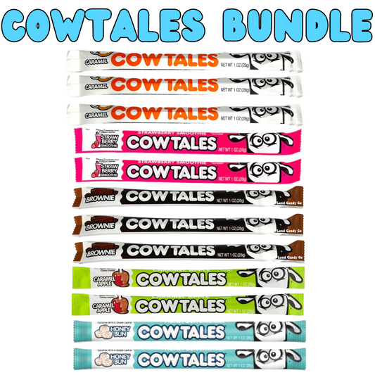 Cow Tales Bundle with 12 assorted flavors including Original, Strawberry Smoothie, Brownie, Caramel Apple, and Honey Bun.