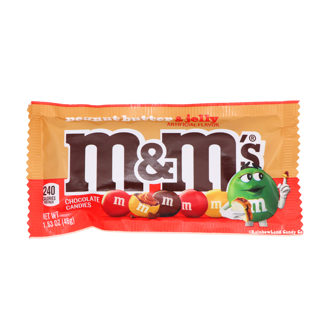 M&M's Peanut Butter and Jelly candy package with peanut butter and jelly flavors.