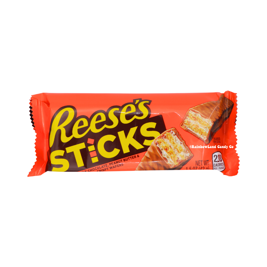 Reese's Sticks packaging featuring crispy wafer, peanut butter, and milk chocolate layers.