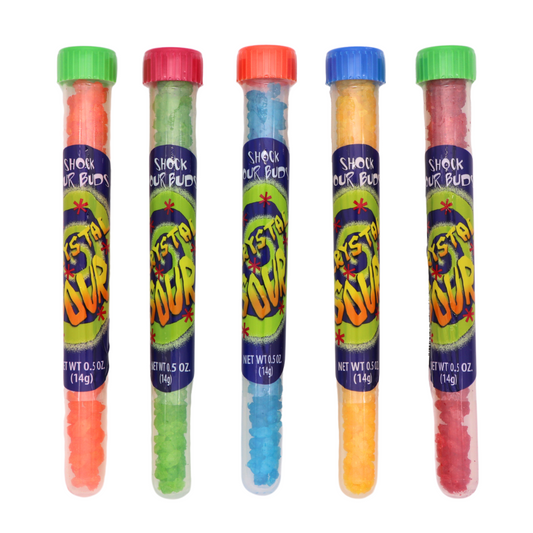 Crystal Sour Candy in test tube packaging with colorful sour crystals.