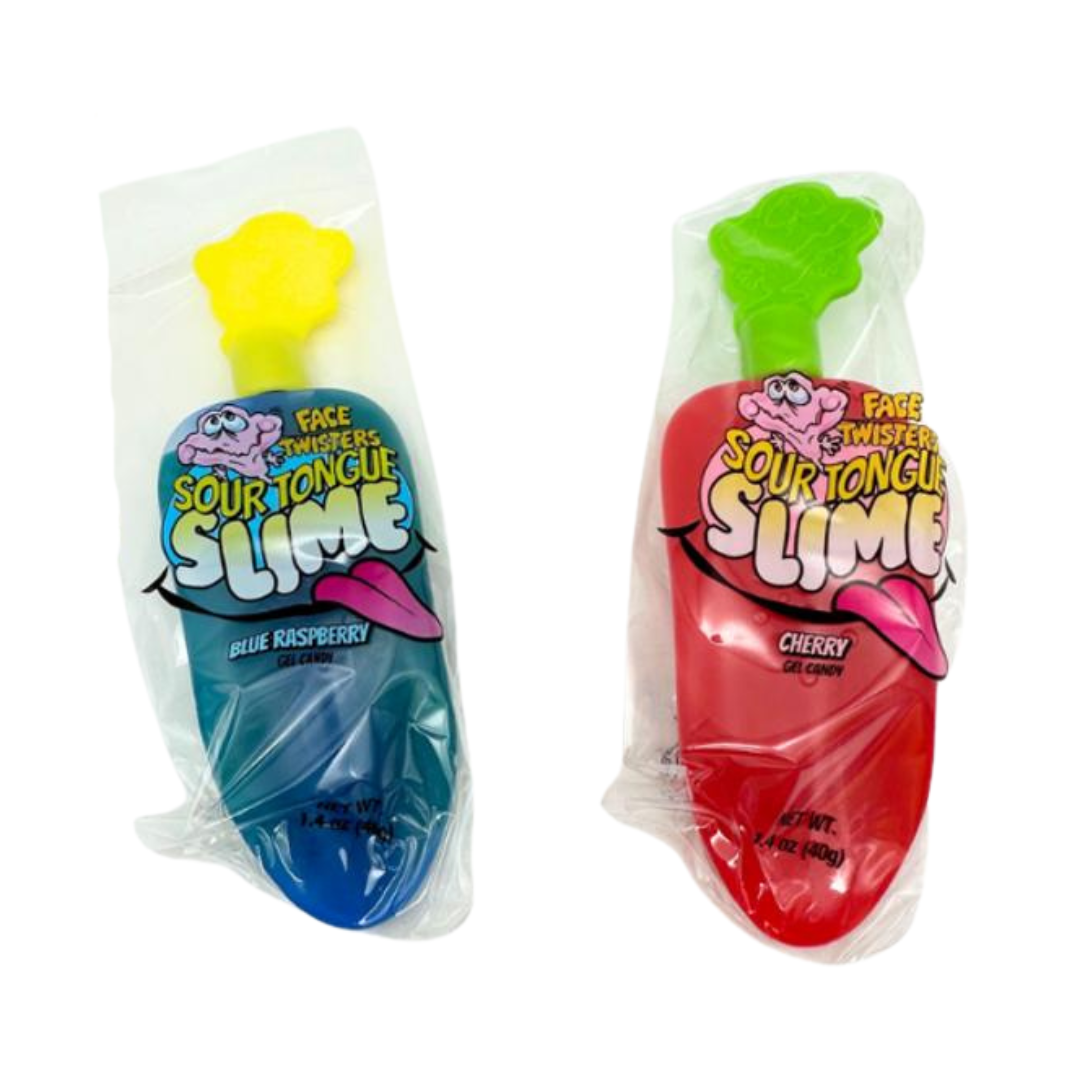 Face Twisters Sour Tongue Slime candy in tongue-shaped packaging with blue raspberry and cherry flavors.