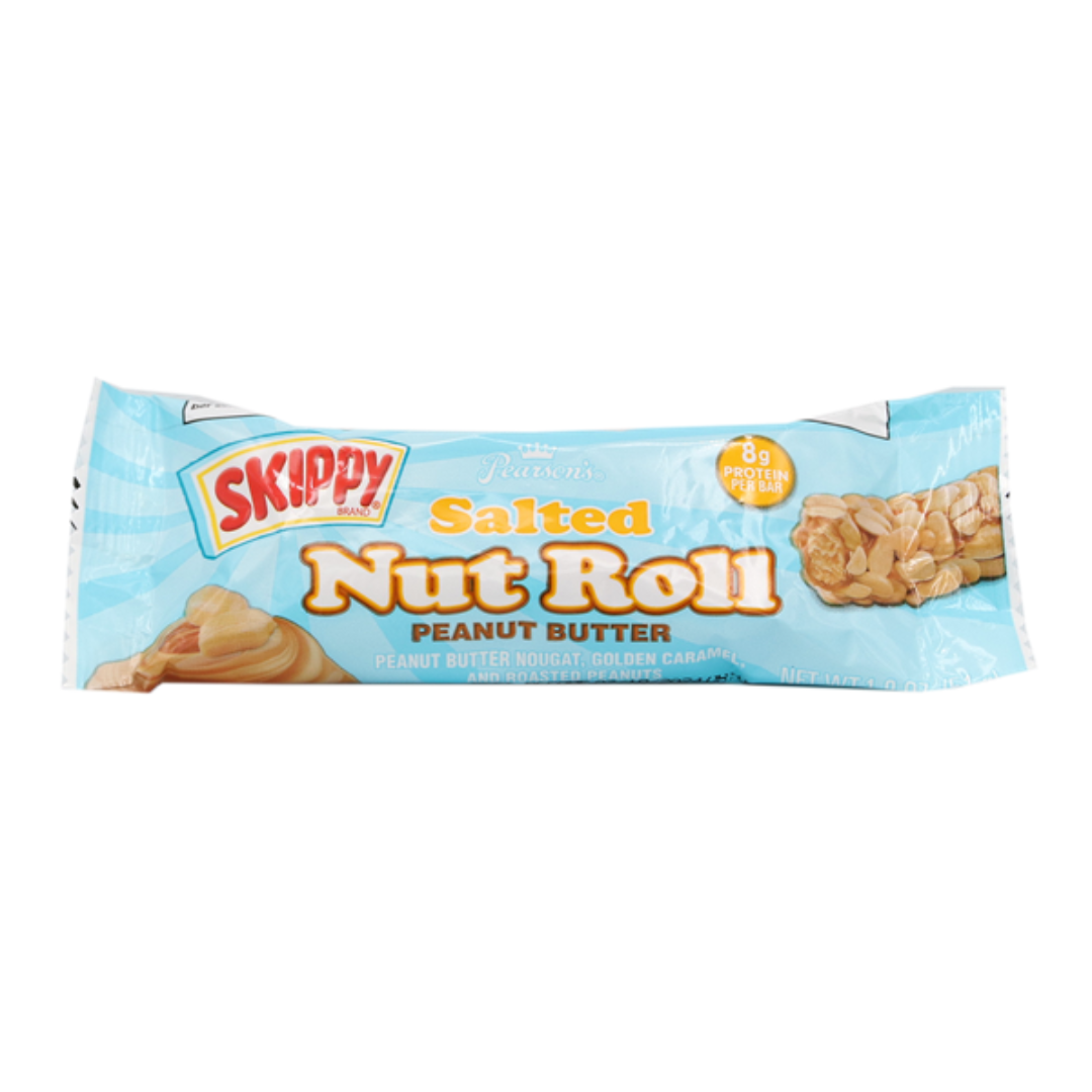 Pearson's Salted Nut Roll with Skippy Peanut Butter, featuring roasted peanuts and golden caramel.