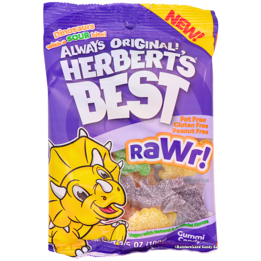 Sour Dinosaur Gummies in a colorful bag featuring cartoon dinosaurs.