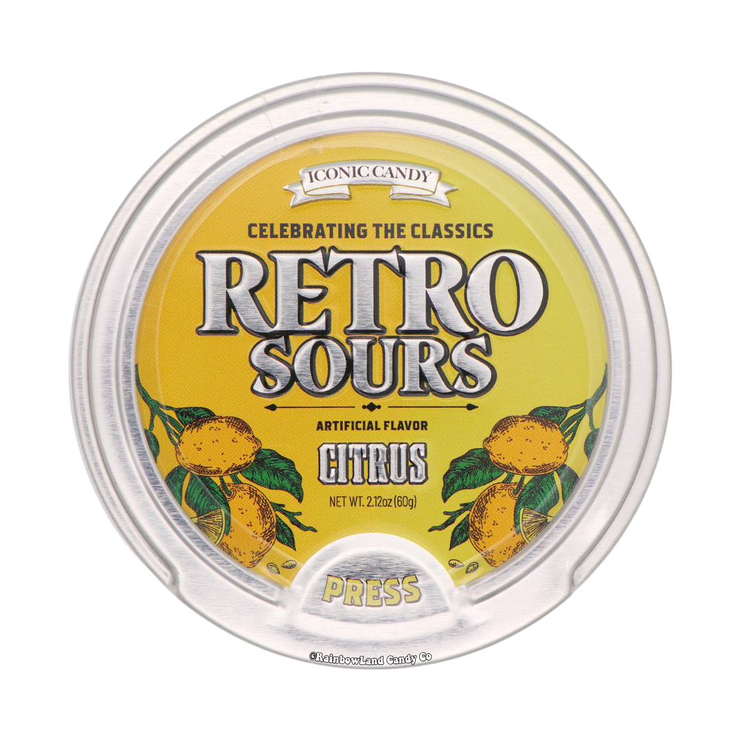 Retro Sours - Citrus pop-top tin with tangy lemon design.