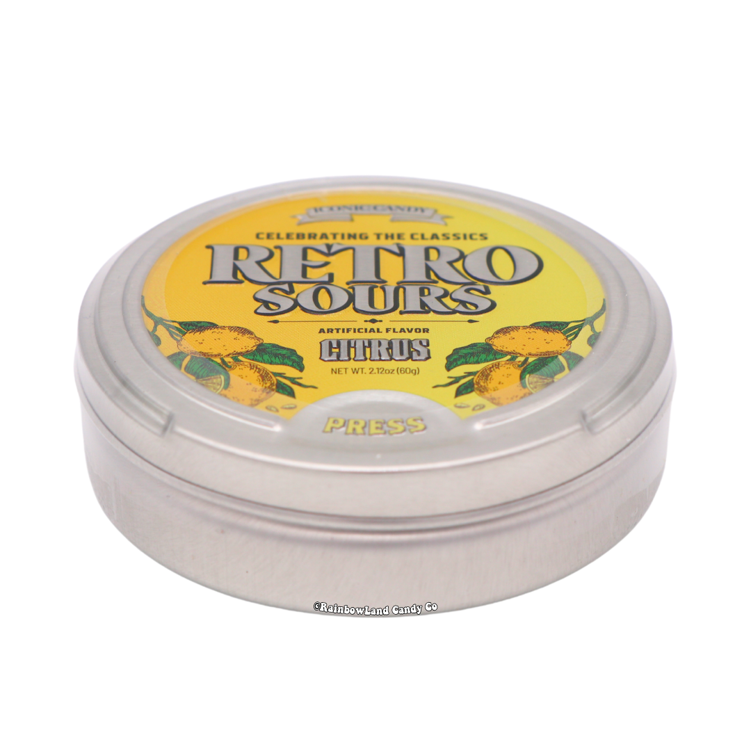 Retro Sours - Citrus in a vintage pop-top tin with vibrant citrus design, 2.12 oz candy.