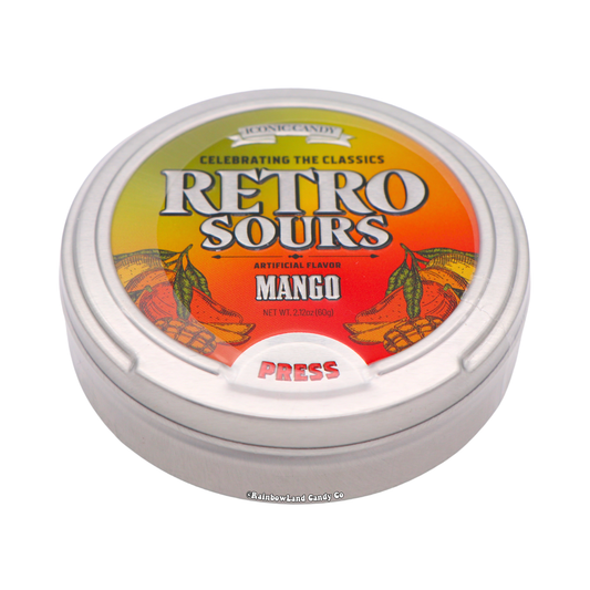 Silver 2.12 oz Retro Sours Mango pop-top tin by Iconic Candy shown at an angle, featuring a vintage-style orange and yellow gradient mango label with "Celebrating the Classics" and "Retro Sours" branding and a press-to-open tab on the front.