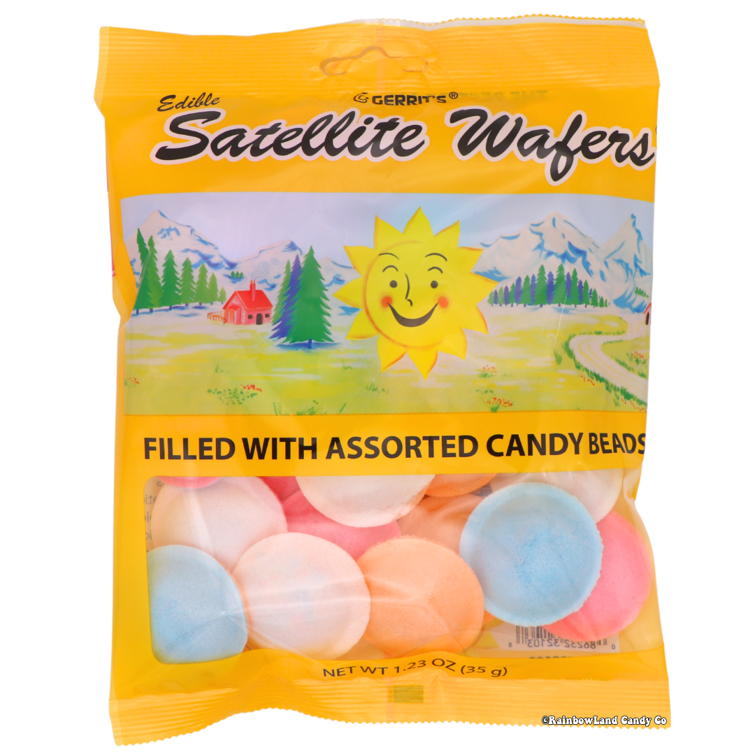 Pastel-colored Satellite Wafers filled with assorted candy beads in packaging.