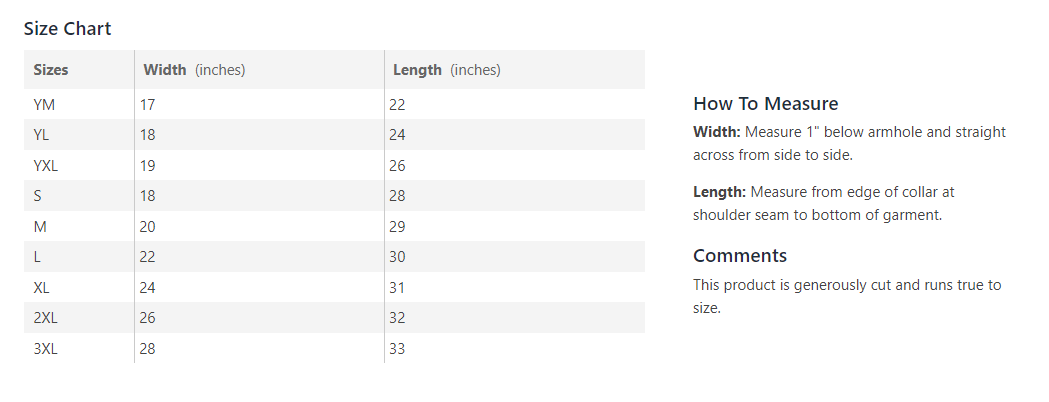 Black 100% cotton Logo Shirt with RainbowLand Candy Co logo and size chart.