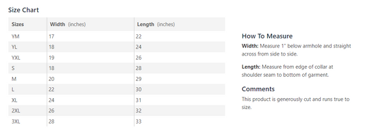 Black 100% cotton Logo Shirt with RainbowLand Candy Co logo and size chart.