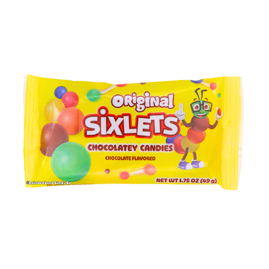 Original Sixlets candy package, 1.75 oz, chocolatey candies in vibrant shell.