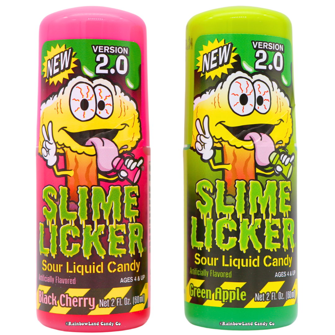 Slime Licker 2.0 sour liquid candy in Black Cherry and Green Apple flavors.