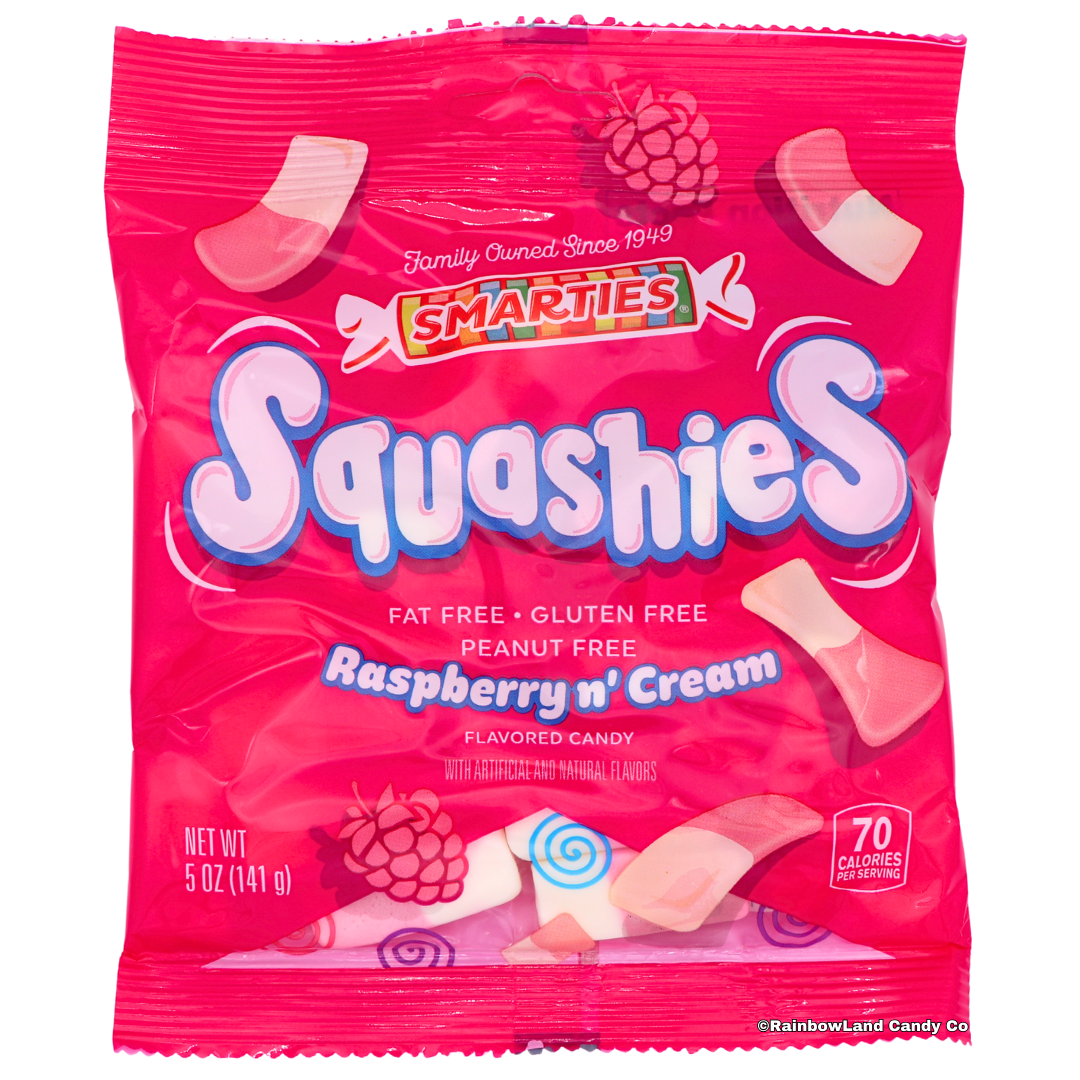 Smarties Squashies Raspberry n' Cream soft chewy candy 5oz bag fat free gluten free and peanut free with pink and white two-tone raspberry cream flavored pieces