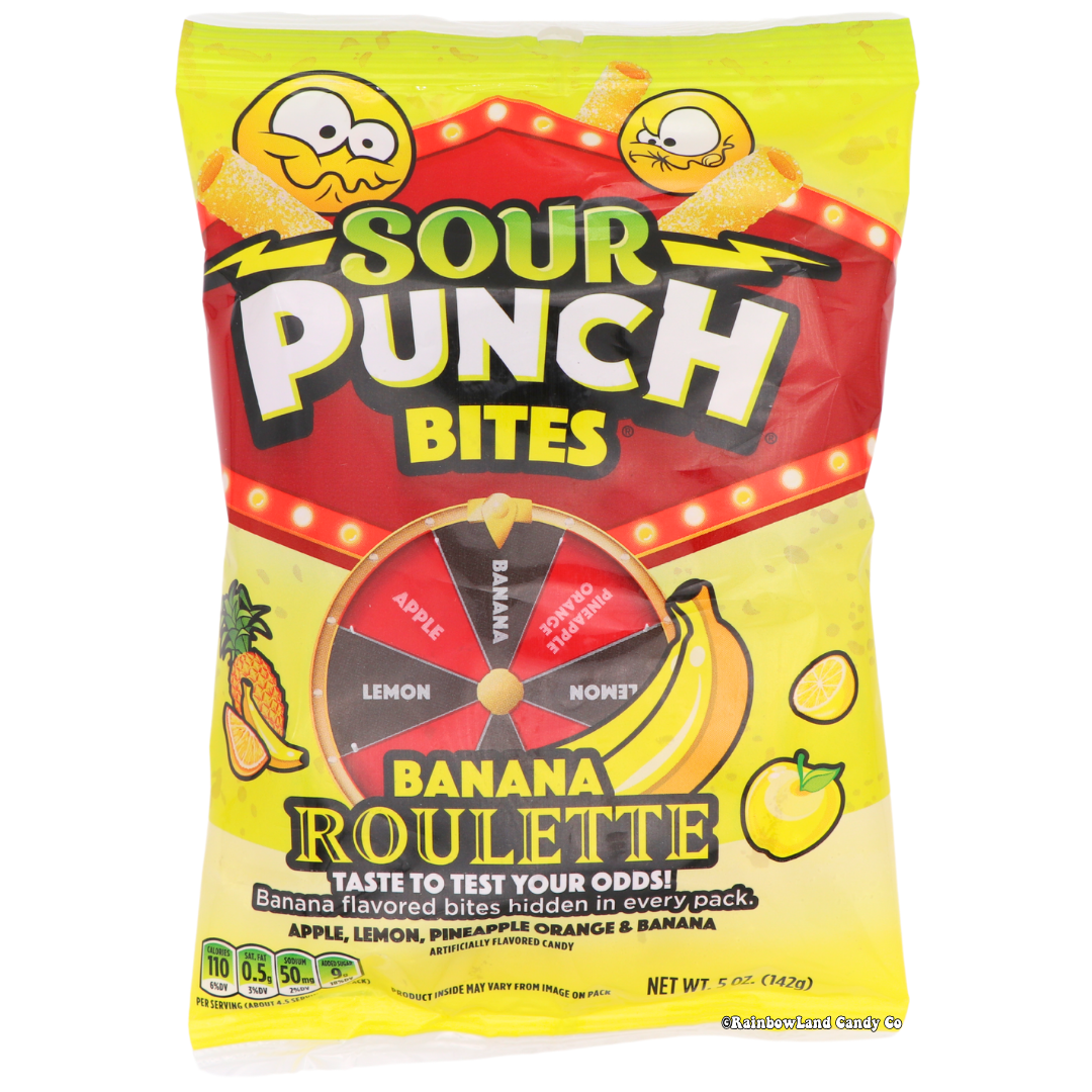 Sour Punch Bites Banana Roulette candy packaging with mystery flavors.