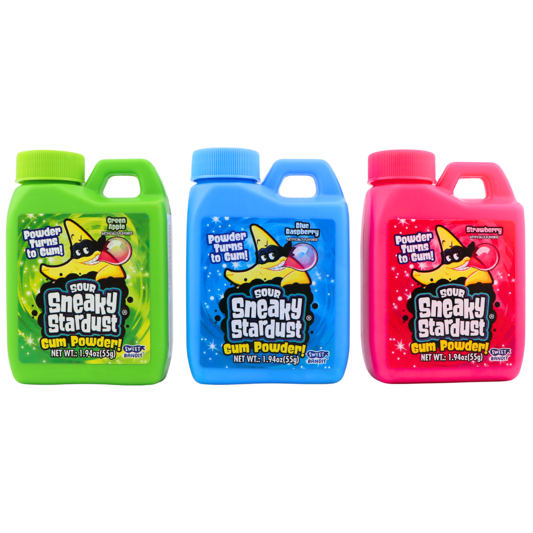 Sneaky Stardust Sour Gum Powder bottles in green apple, blue raspberry, and strawberry, featuring a jug-style container with a sour gum powder mascot.