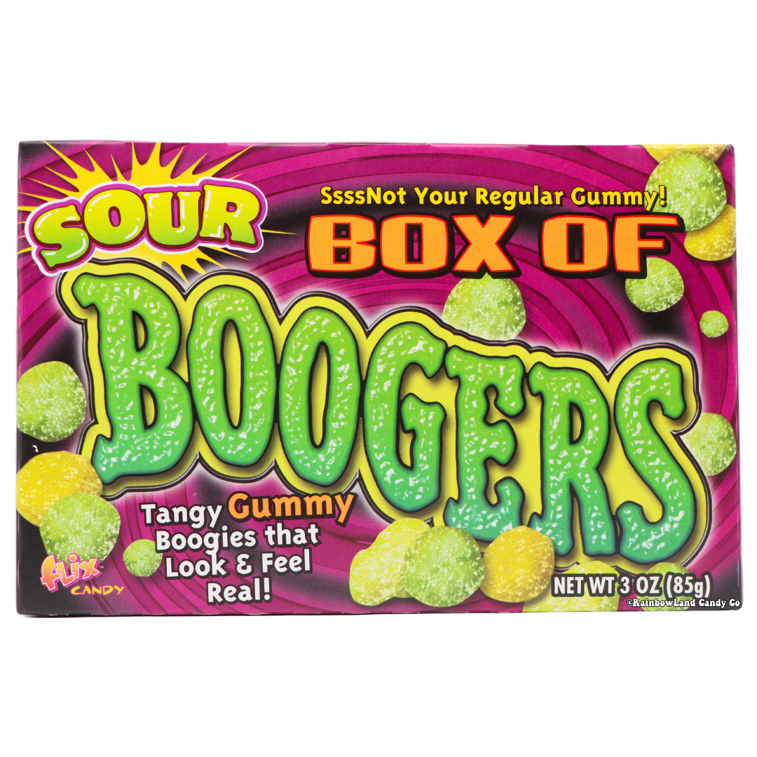 Sour Box of Boogers candy, 3 oz, tangy chewy gummies.