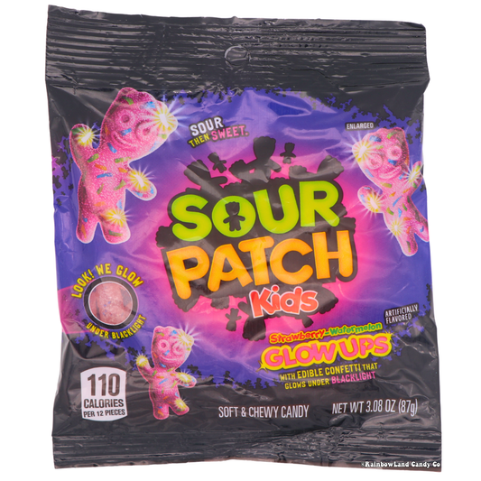 Sour Patch Kids Glow Ups strawberry-watermelon gummies with edible confetti, 3.08 oz pack.