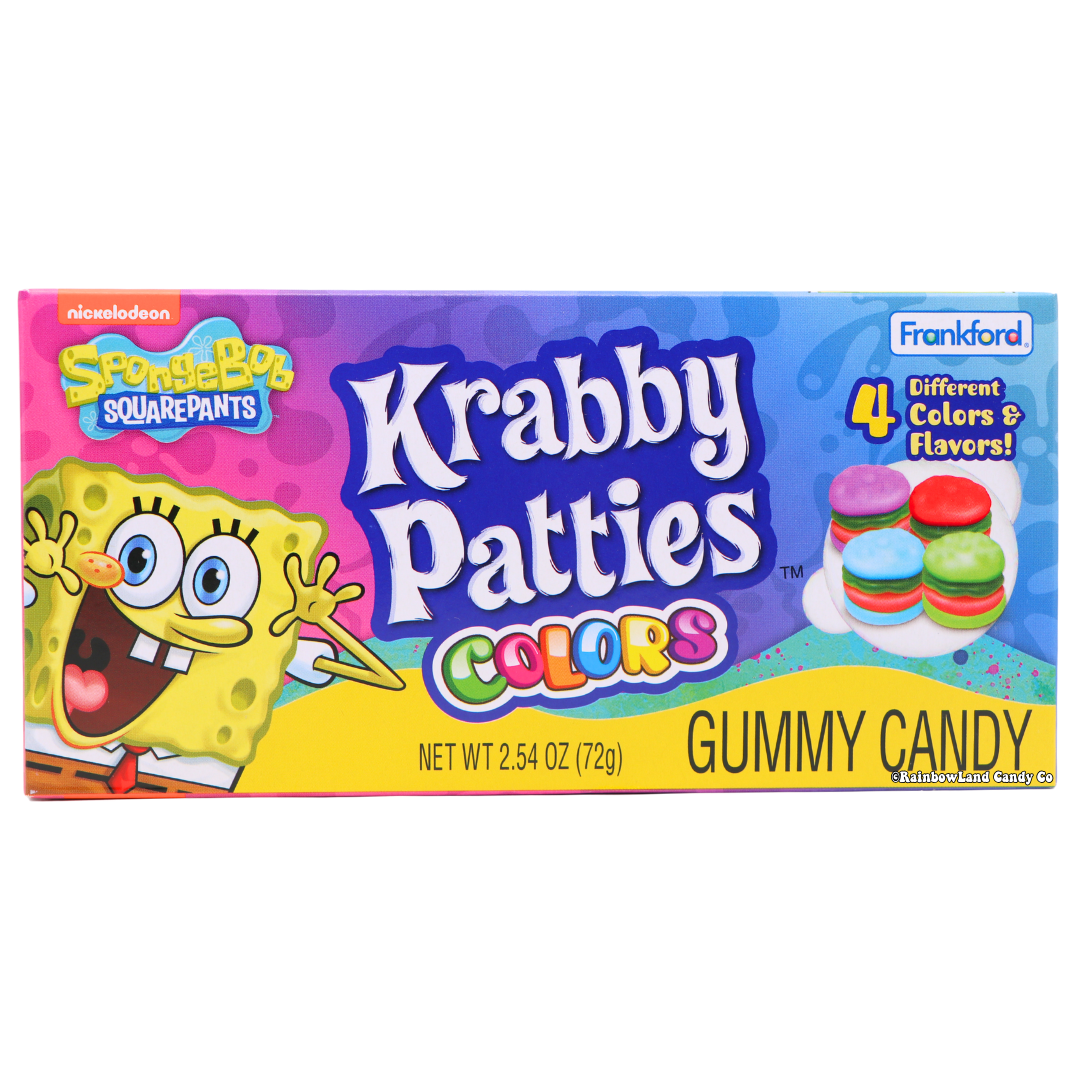 SpongeBob Krabby Patties Colors theater box with vibrant gummy candy burgers in four fruity flavors.