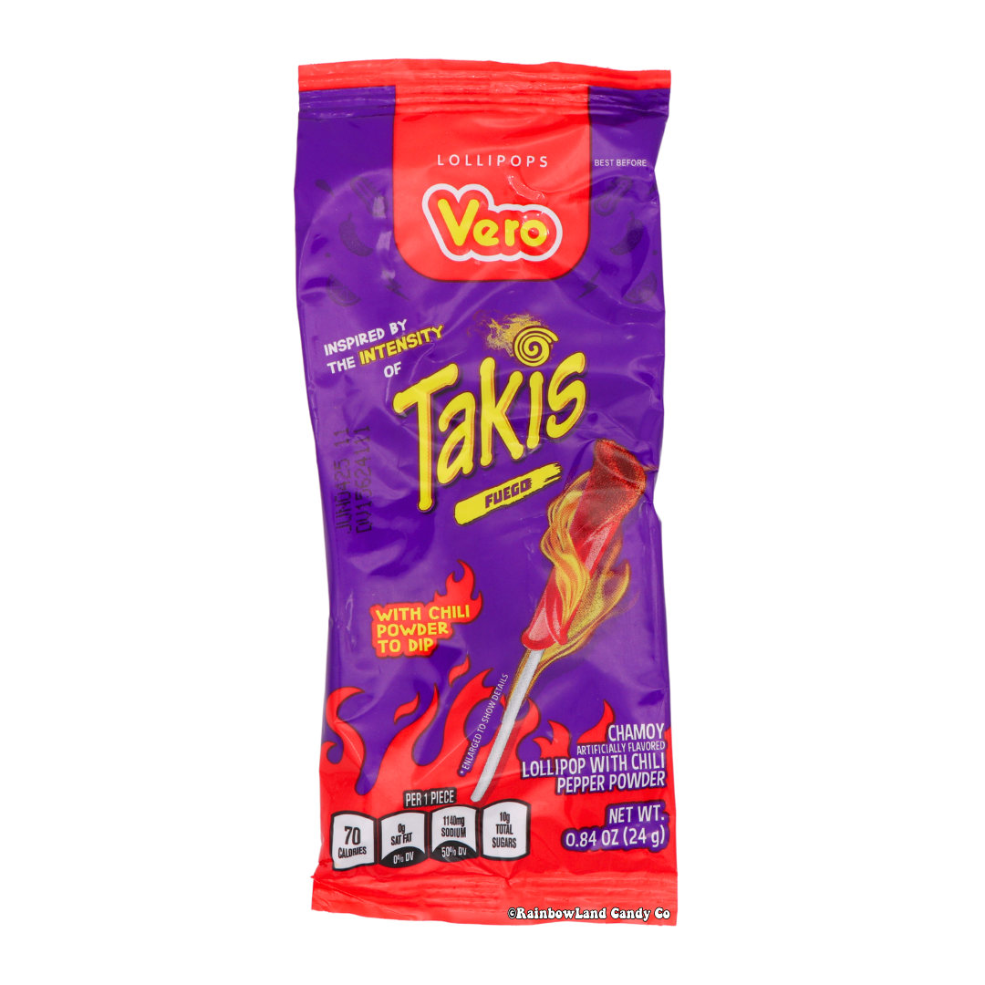 Takis Fuego Lollipop with chili powder for dipping, spicy chamoy flavor, 0.84 oz package.