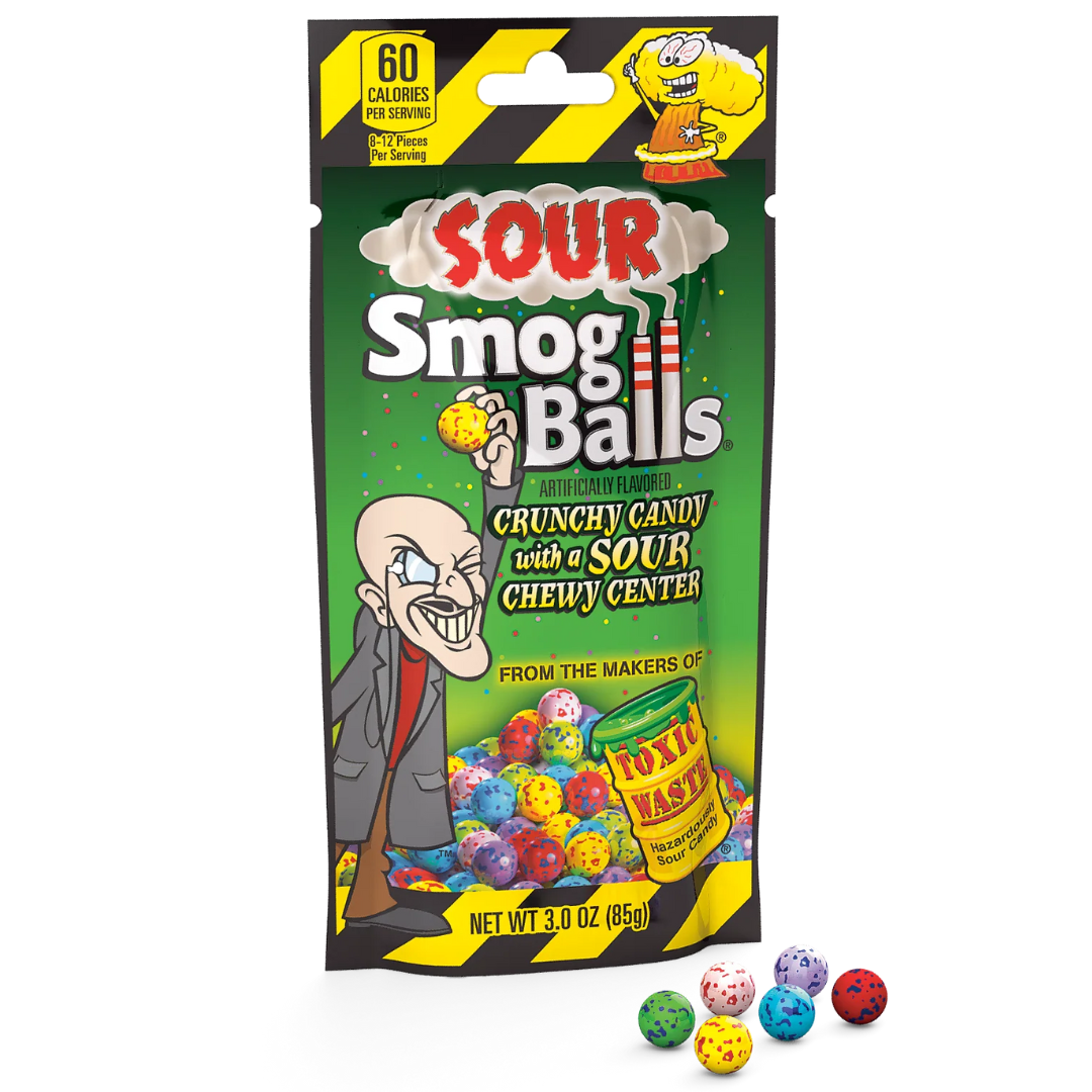 Toxic Waste Sour Smog Balls, 3 oz bag in green and yellow packaging with speckled, multicolored crunchy candy balls and a Toxic Waste container graphic on the front.