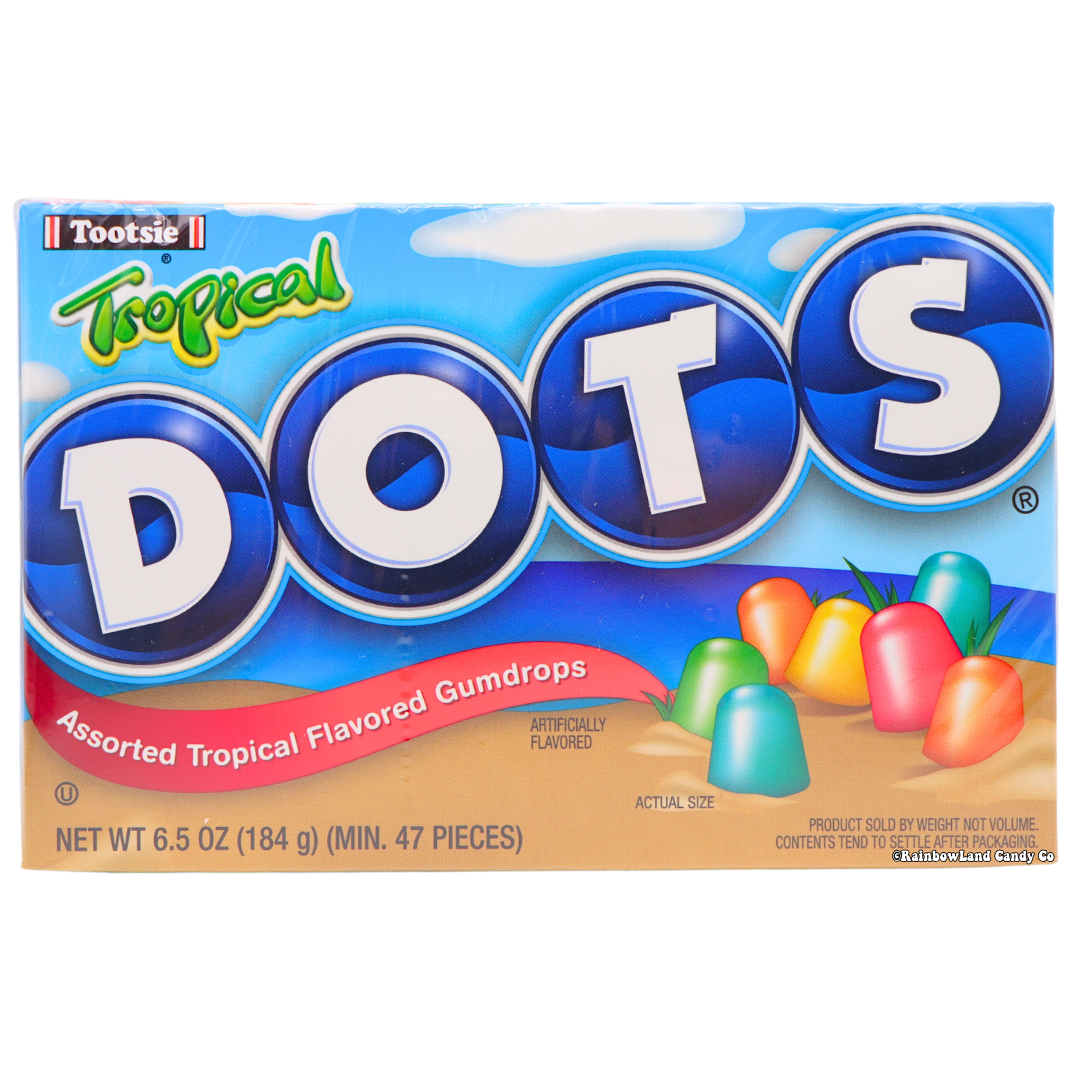 Tropical Dots chewy gumdrops box with assorted tropical fruit flavors.
