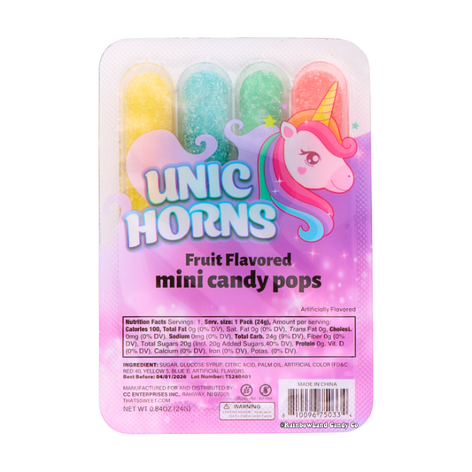 Unicorn Horn Mini Lollipops, colorful candy pops in various fruit flavors.