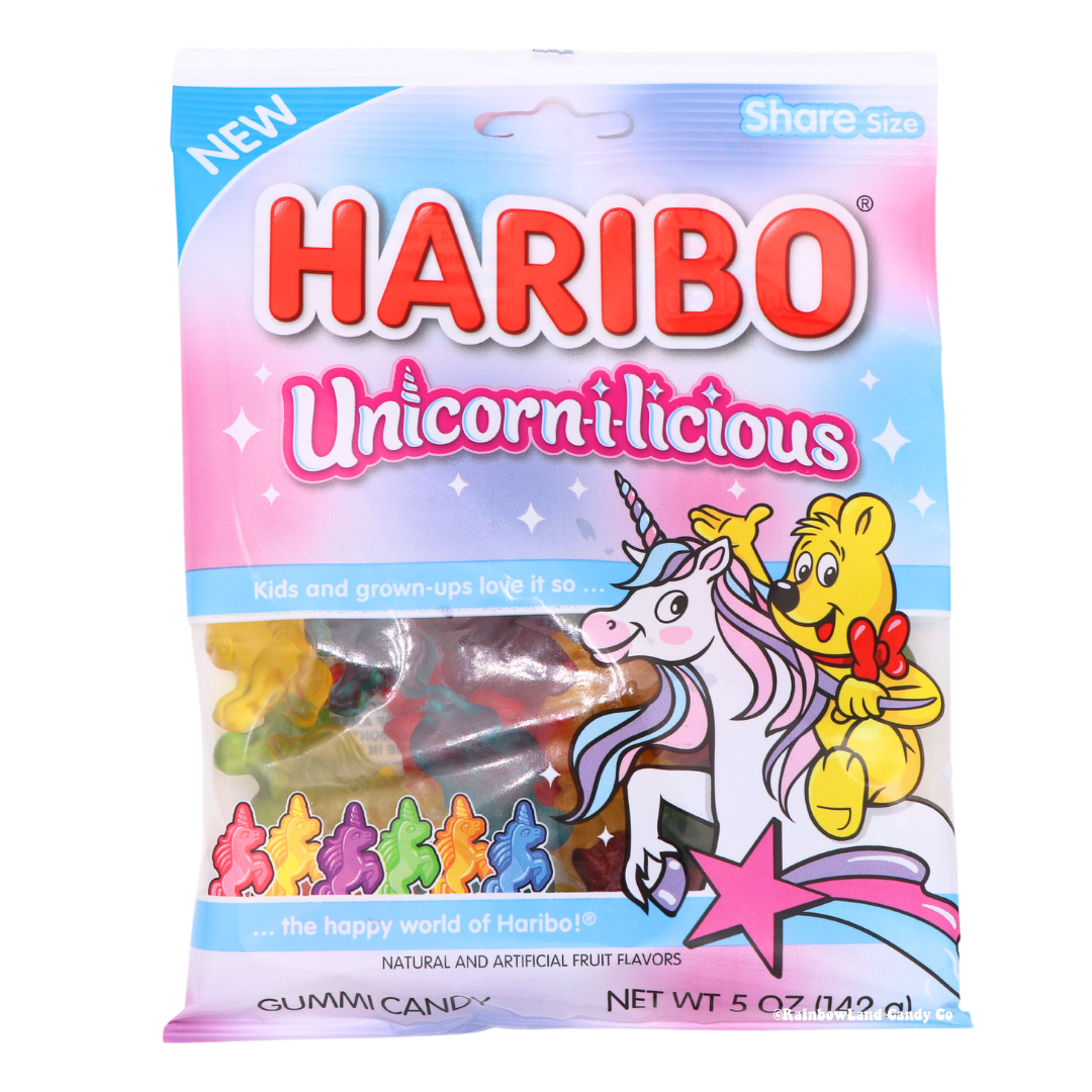 Haribo Unicorn-i-licious Unicorn gummies, 5 oz bag with 6 fruity flavors.