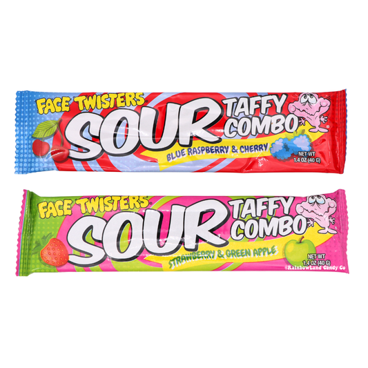 Face Twisters sour taffy in Blue Raspberry & Cherry and Strawberry & Green Apple flavors.
