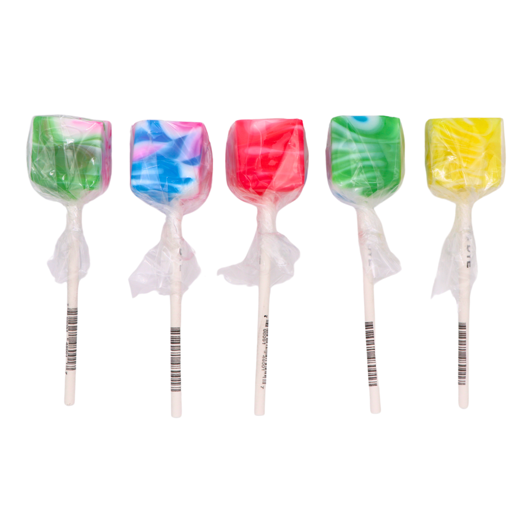 Tie Dye Cube Lollipop in vibrant colors with a square shape, inspired by the 60s.