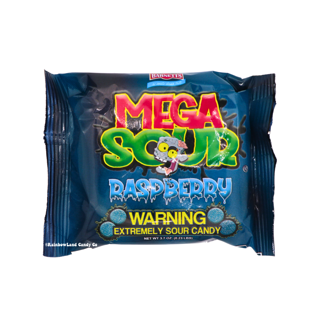 Mega Sour Raspberry extremely sour candy packaging.