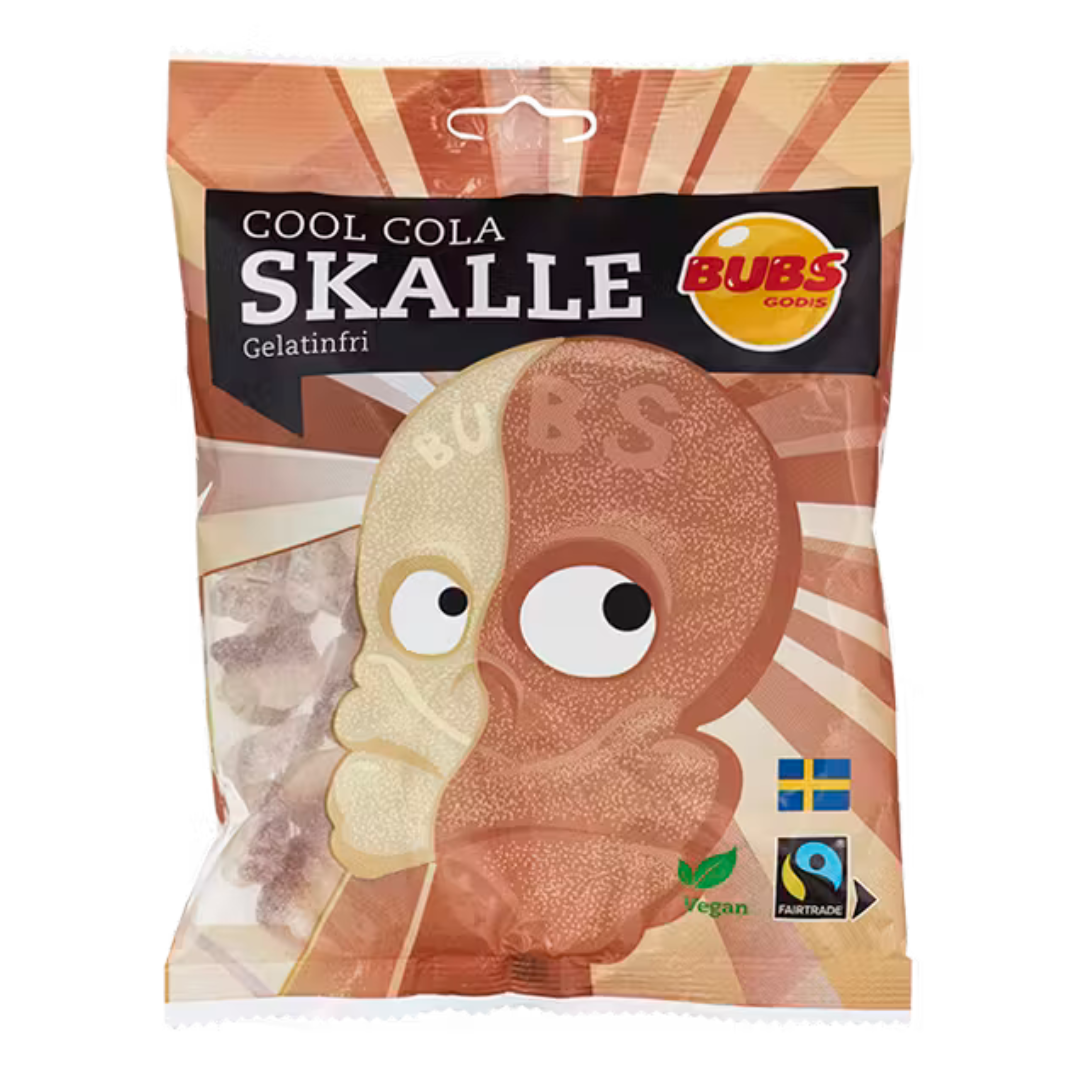 Bubs Cool Cola Sour Skulls candy bag, vegan, 90g, from Sweden.