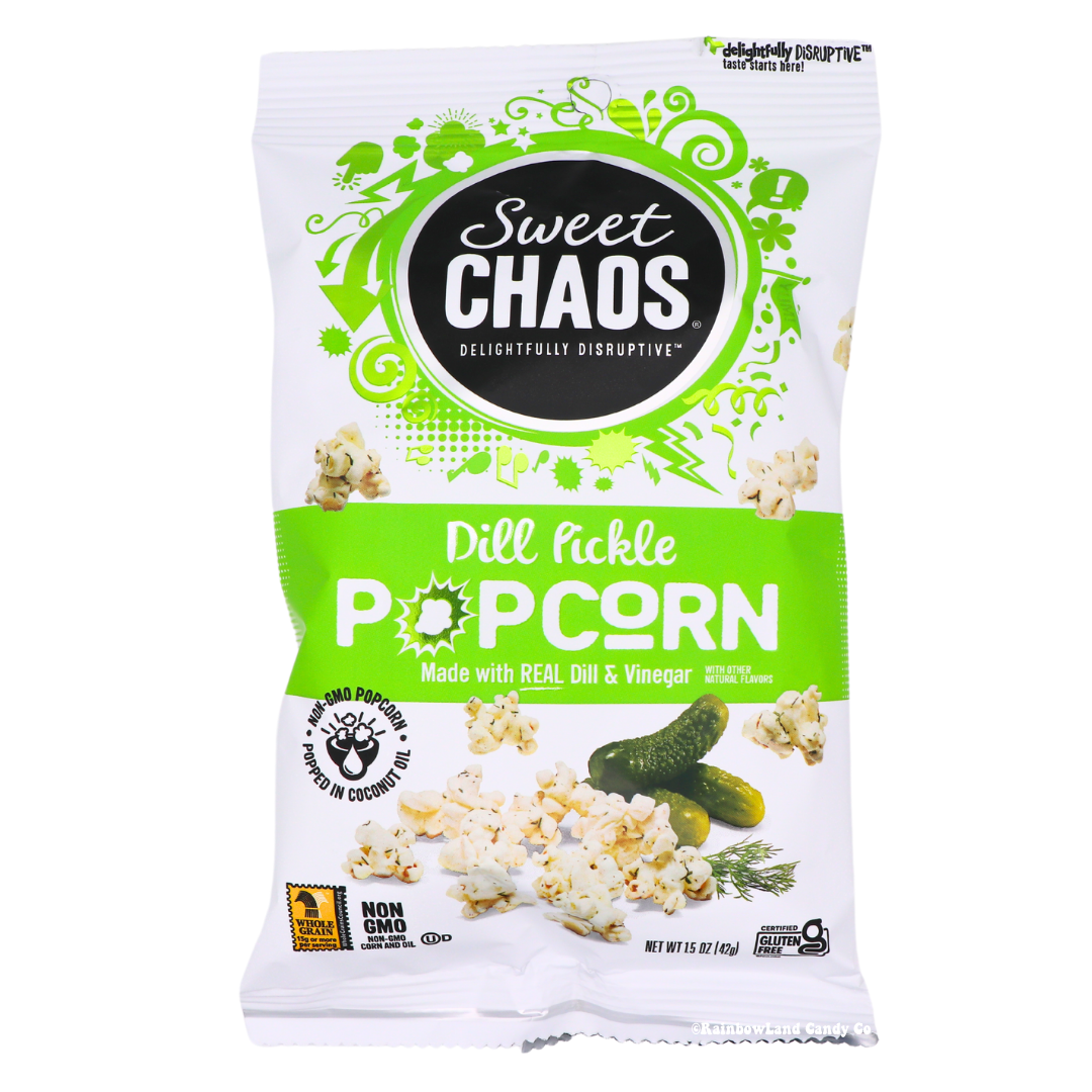 Sweet Chaos Dill Pickle Popcorn bag with pickle and popcorn design.