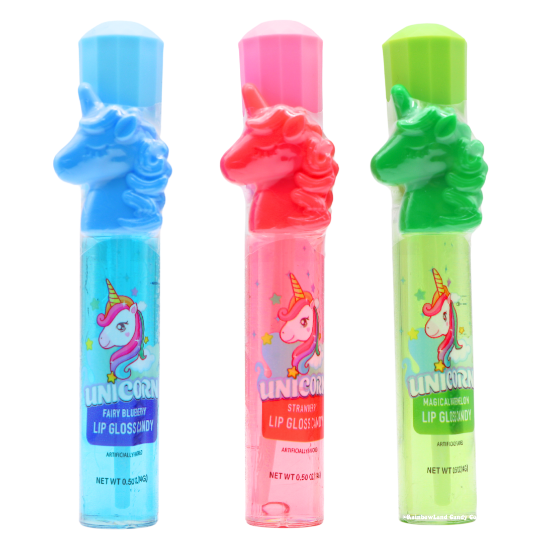 Unicorn Lip Gloss Candy in magical unicorn tubes with Fairy Blueberry, Strawberry, and Magical Watermelon flavors.