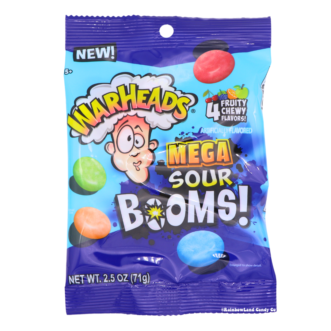 WarHeads Mega Sour Booms 2.5 oz bag with sour-blasted shell and fruity chewy inside.
