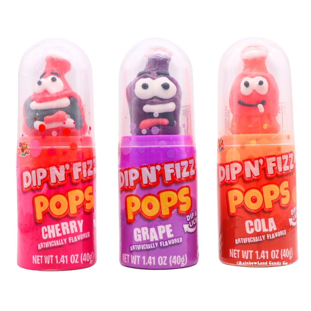 Dip N' Fizz Pops candy assortment in Cherry, Grape, and Cola flavors.